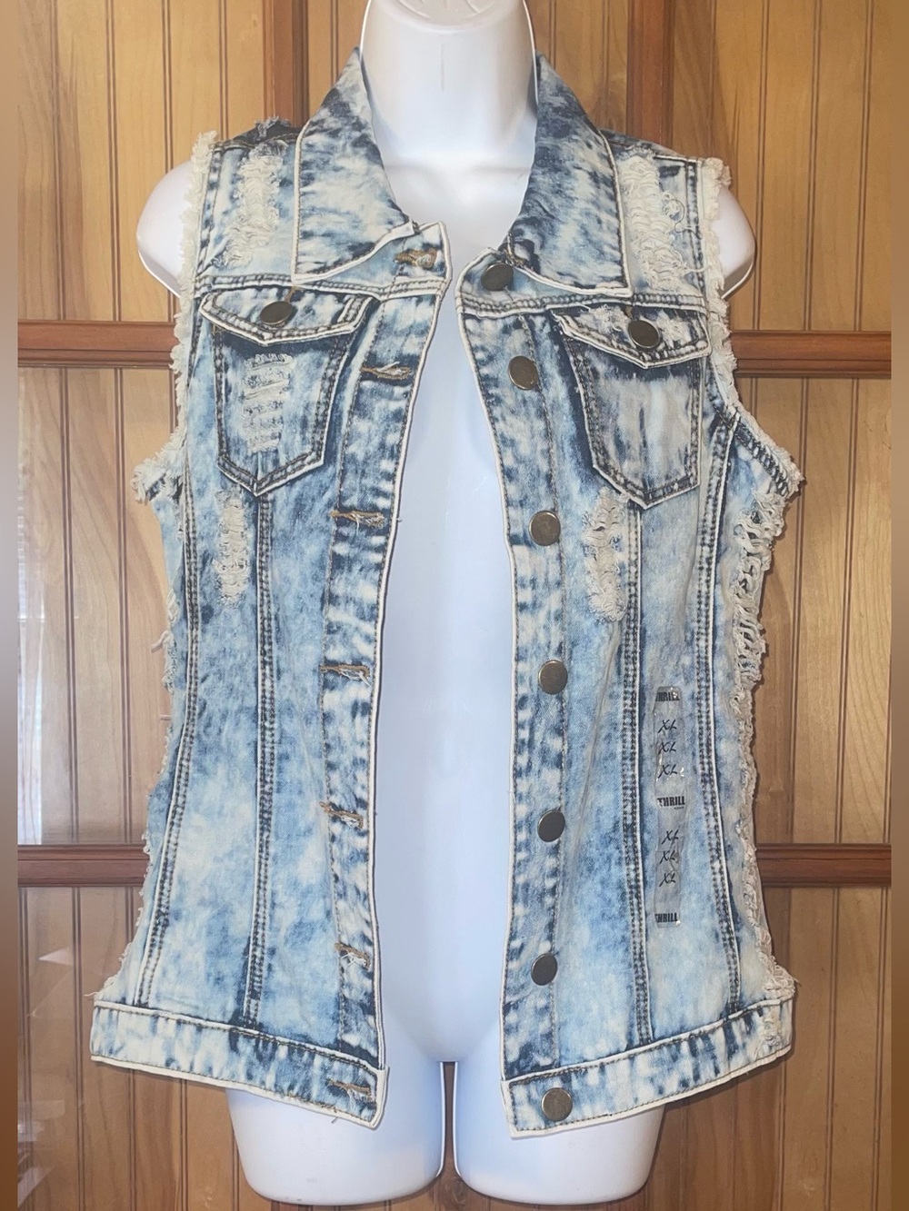 Women’s Light Blue Acid-Wash Distressed Denim Vest